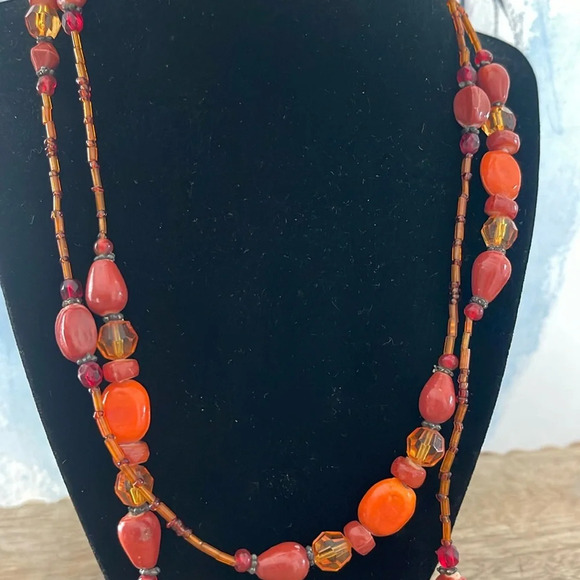 Beaded long necklace glass orange boho casual - Picture 3 of 10